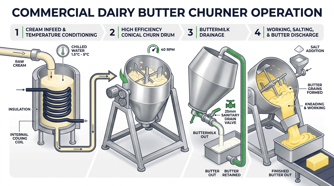 Commercial Dairy Butter Churner Operation Process Flow Infographic