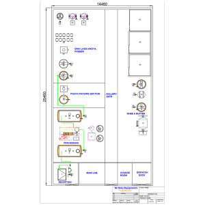 Detailed dairy plant layout with key sections: milk reception, processing, packing, and storage