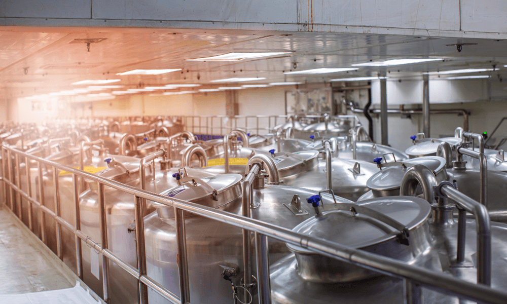 High-capacity dairy milk processing tanks in industrial dairy plant for efficient milk storage and handling