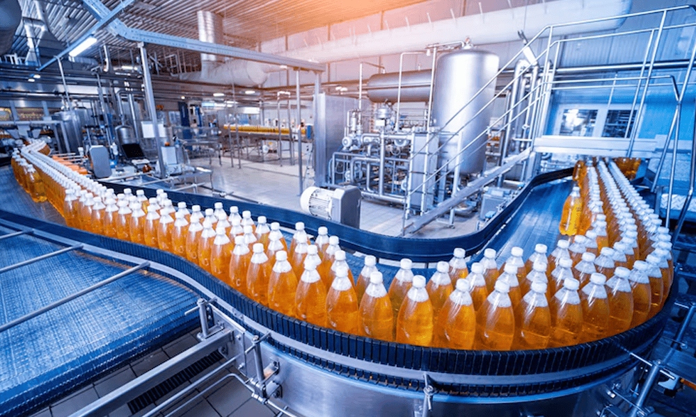 Automatic bottle filling line in dairy plant for milk and beverage packaging